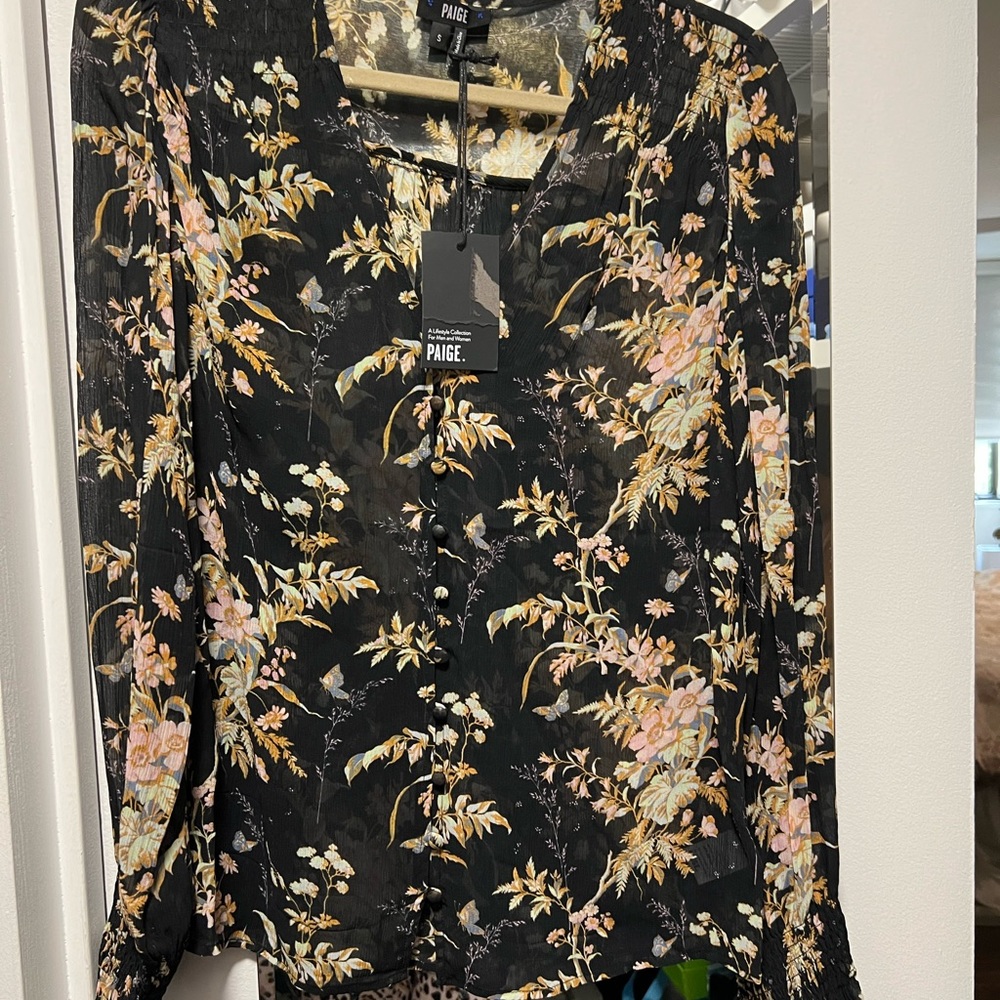 Paige blouse multi tropical print w/ matching buttons V neck line sheer